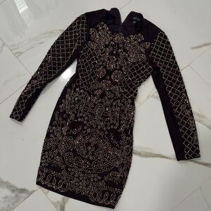 Xscape Dark Purple Beaded Long Sleeve Dress
